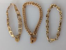A rose gold flat curb-link bracelet with heart clasp, 18cm; a yellow gold gate-link bracelet 