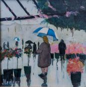 Janet Ledger (b.1934) LADY AT ALEXANDRA PALACE GARDEN CENTRE, oil on board, framed