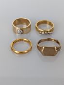 A 22ct yellow gold wedding band, 3mm, 5.73g; an 18ct yellow gold signet ring, hallmarked 
