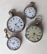 Two Edwardian French etched silver-cased key-wind fob watches, one in working order, each face 30mm