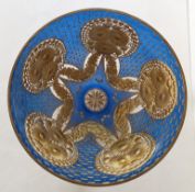 An early 20th century Moser blue glass pedestal bowl with etched gilt decoration, 27 cm H, 20 diamet