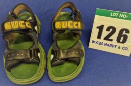 A Pair of GUCCI 2019 Aguru Hiking Sandals with Black Leather Velcro Straps and Grey Mesh Uppers