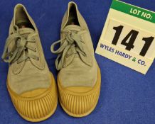 A Pair of PRADA Grey Cotton Low Top Lace-Up Trainers with Contrasting Tan Ribbed Rubber Soles, Style