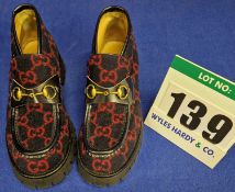 A Pair of GUCCI Harald Horsebit Platform Loafers in Navy Blue Wool with Red Double G Monogram, Black