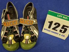 A Pair of GUCCI Tinsel Black Mesh and Olive Green Leather Adventure Style Sandals with Bungee