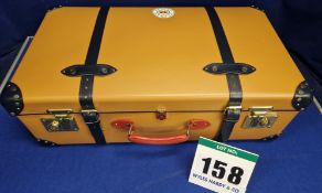 A GLOBE-TROTTER Centenary Medium Check-In Trunk Style Suitcase in Marmalade Orange Leather with Navy