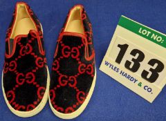 A Pair of GUCCI GG Terry Cloth Low Top Slip-On Sneakers in Navy Blue with Red Double G Monogram, Red