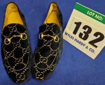 A Pair of GUCCI Jordan Horsebit Loafers in Blue Velvet with Gold Embossed Double G Monogram and