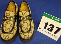 A Pair of GUCCI Harald Horsebit Platform Loafers in Beige Wool with Ebony Double G Monogram, Black