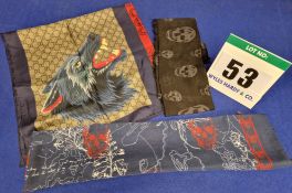 Three Scarves. - A GUCCI 100 per cent Silk Scarf depicting Four Werewolves with Phrase 