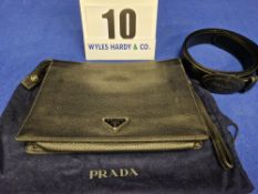 A PRADA Black Calf Skin Leather Accordion Pouch with Wrist Strap, Textile Lining and Zipper Closure.