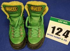 A Pair of GUCCI Flashtrek High Top Hiking Style Boots with Sheepskin Lining, Black Chunky Rubber
