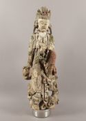 Guanyin auf einem Felsen sitzend, Holz, H 63, besch., CHINA, Qing-Zeit