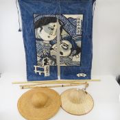 Asian banner, walking sticks, flute & hats