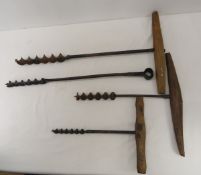 3 Antique Hand Drills & 1 Extra Shaft