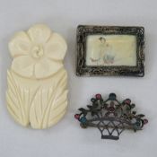 Sterling Filigree & Carved Scrimshaw Brooches
