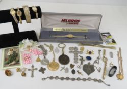 Helbros & 4 Vintage Watches with religious Jewelry
