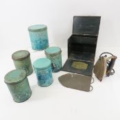5 Vintage tea tin containers, iron with box & more