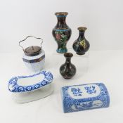 Porcelain head rests, enamel vases & more