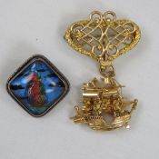 Butterfly Wing & Vermeil Sterling Ship brooches