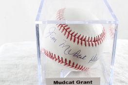 MLB Autographed Baseball Mudcat Grant in Case