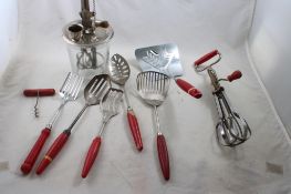 Kitchen Utensils Lot Red Wooden Handles