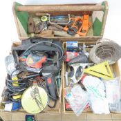 Shelf lot of tools and antique wood caddy