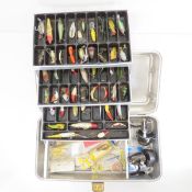 Vintage UMCO tackle box with lures and gear