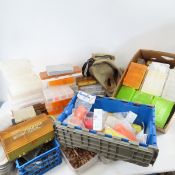 Large group of empty tackle boxes, creel, and more