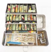 Vintage UMCO tackle box with lures and gear