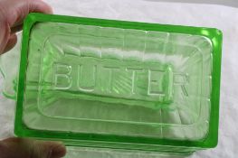 Block Optic 1 LB Vaseline Glass Butter Dish w/Lid