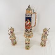 6 Steins 1 large 21.5in Gerz 4L lidded & 5 7.5in