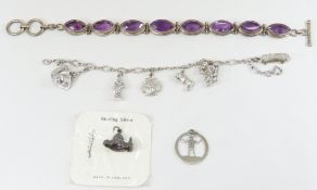 Sterling Silver Charm & Amethyst Bracelets 70g