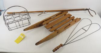 Antique wood sled, rug beater, bottle carrier