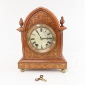 Antique Inlaid Wood Mantel Clock with Key - Works