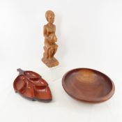Wood Statue, Bowl & Leaf Plate