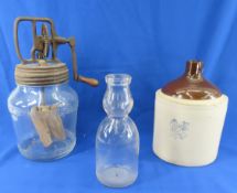 Glass butter churn, stoneware jug, milk bottle