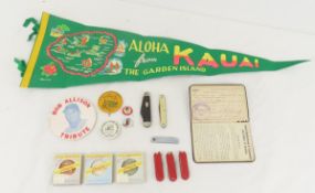 Bob Allison pin, Kauai pennant, knives, pins &more