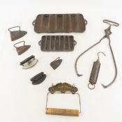 Cast Iron corn pans, sad irons, tongs, scale &more
