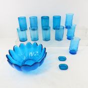 Vintage Blue Glasses & Blenko Petal Bowl