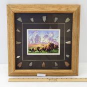 Buffalo print with 16 arrowheads framed & matted