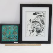 Native American Artifact display with coins, print