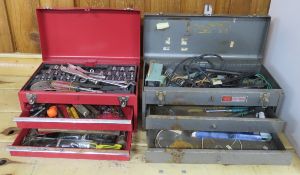 2 metal toolboxes with hand tools, sockets