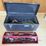 Craftsman metal toolbox full of hand tools.