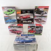 7 Muscle Car Model Kits & 1 Display Case in Boxes