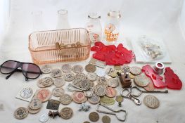 Wooden Nickels, Dairy Bottles, Depression Glass +