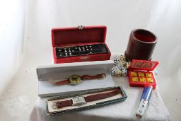 2 Toy Watches, Dice Cup, Dominoes, Game Pieces