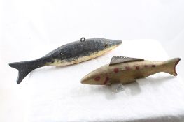 2 Folk Art Carved Wooden Spearing Fish Decoys