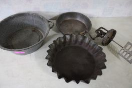 Butter Churn Top, Enamelware Pan, Strainer, Dish