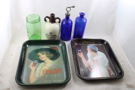 Green Fruit Jar, Blue Bottles, Jug, Coke Trays